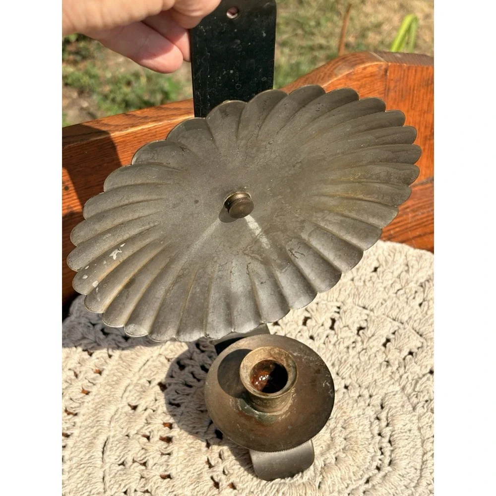 Vintage Tin Round Reflector Crimped Wall Sconce Candle Holder Prim Folk Decor
